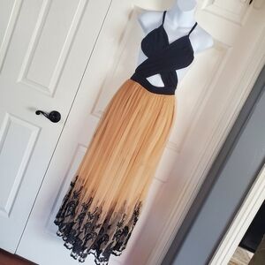 NBD Go Anywhere Tulle Embroidered Dress Tan Black Adjustable Strap Cutout Small